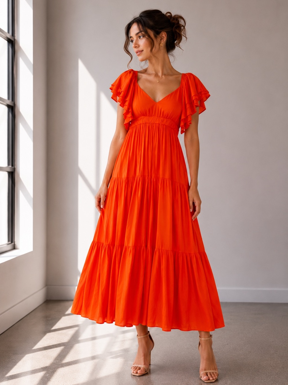 Tiered Flutter-Sleeve Maxi Dress in Bright Orange